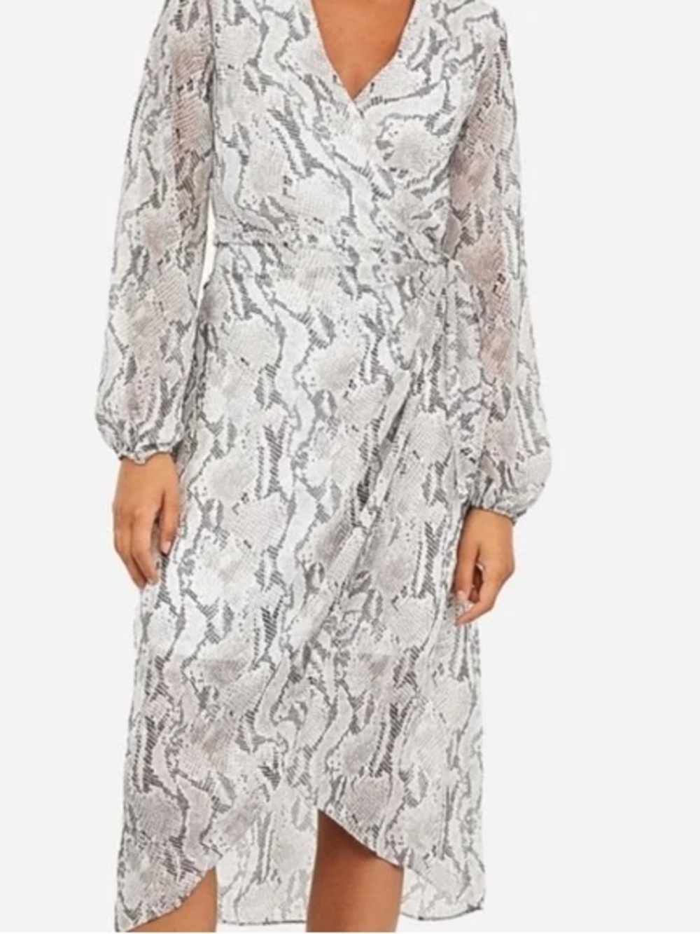 Express White & Gray Snake-Print Wrap Midi Dress